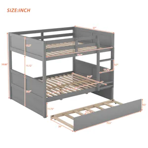 Full Over Full Bunk Bed With Twin Size Trundle - Gray