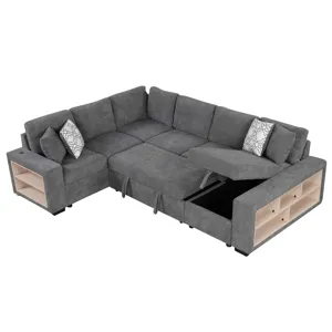 U-Shaped Sectional Sofa Pull-Out Sofa Bed With Two USB Ports, A Storage Chaise Lounge And Four Back 