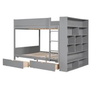 Full Over Full Bunk Bed With 2 Drawers And Multi - Layer Cabinet - Gray