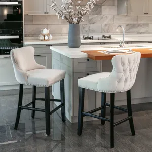 Contemporary Velvet Upholstered Wing-Back Barstools With Button Tufted Decoration And Wooden Legs, A