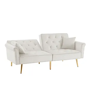 Velvet Tufted Sofa Couch With 2 Pillows And Nailhead Trim - Beige