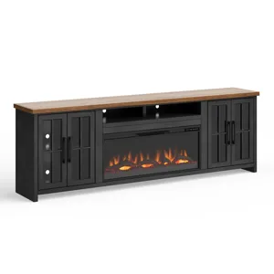 Bridgevine Home - Essex 97\" Fireplace TV Stand Console - Black and Whiskey Finish