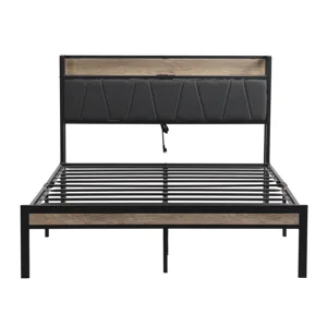 Queen Size Metal Platform Bed Frame With Upholsteryolstery Storage Function Headboard And USB Liner 