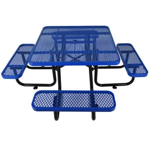 Square Outdoor Steel Picnic Table With Umbrella Pole - Blue