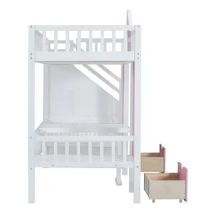 Twin Over Twin Bunk Bed With Changeable Table, Bunk Bed Turn Into Upper Bed And Down Desk - Pink