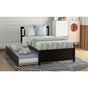 Twin Size Platform Bed Wood Bed Frame With Trundle - Espresso