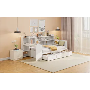 Twin Size Wooden Daybed With 3 Drawers, USB Ports And Desk - White