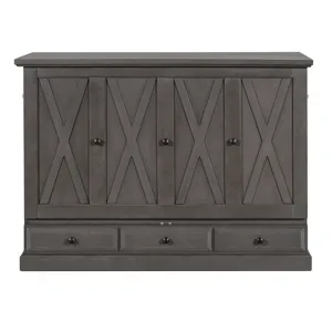 Full Solid Pine Murphy Bed Chest Cube Cabinet Bed With Charging Station And Large Storage Drawer For