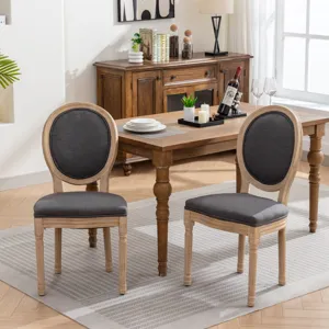 French Style Solid Wood Frame Antique Painting Linen Fabric Back Dining Chair (Set of 2) - Dark Gray
