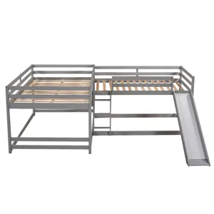 Full And Twin Size L-Shaped Bunk Bed With Slide And Short Ladder - Gray