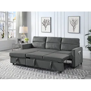 Ivy - Velvet Reversible Sleeper Sectional Sofa With Storage Chaise And Side Pocket - Dark Gray
