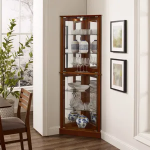 Corner Curio Dispaly Cabinet With Lights, Adjustable Tempered Glass Shelves, Mirrored Back (E26 Light Bulb Not Included) - Walnut