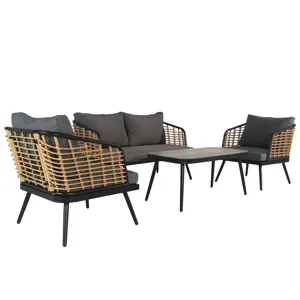4 Pieces Patio Furniture Set, PE Rattan Wicker With Washable Cushion And Tempered Glass Tabletop, Co