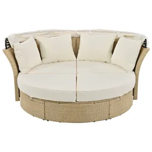 Outdoor Patio Daybed Wicker Rattan Double Daybed Round Sofa Furniture Set With Retractable Canopy, 4