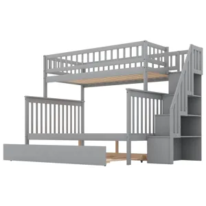 Twin Over Full Bunk Bed With Trundle And Staircase - Gray