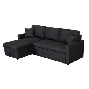 Paisley - Linen Fabric Reversible Sleeper Sectional Sofa With Storage Chaise - Black
