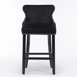 Contemporary Velvet Upholstered Wing-Back Barstools With Button Tufted Decoration And Wooden Legs, A