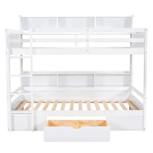 Twin Size Bunk Bed With Built-In Shelves Beside Both Upper And Down Bed And Storage Drawer - White