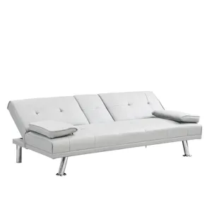 Futon Sofa Bed With Armrest Two Holders - White