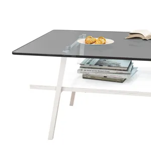 Rectangle Coffee Table, Tempered Glass Tabletop With White Metal Legs, Modern Table For Living Room 
