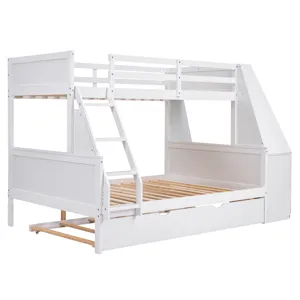 Twin Over Full Bunk Bed With Trundle And Built-In Desk, Three Storage Drawers And Shelf - White