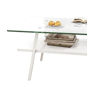 Rectangle Coffee Table, Tempered Glass Tabletop With Metal Legs, Modern Table For Living Room - Tran