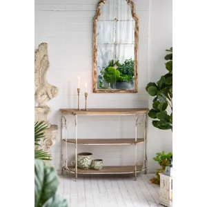 Three Tiered White Wooden Shelving Unit With Ornate Iron Frame - Multicolor