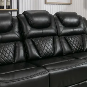Home Theater Seating Manual Recliner Chair With Center Console And Led Light Strip For Living Room -