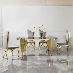 Glass Top Oval Dining Table With Gold Stainless Steel Base For 8 Seats - Gold / Black