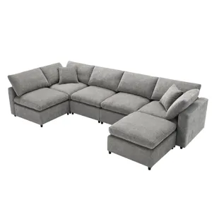 Modern Modular Cloud Sofa Bed, 6 Seat Chenille Sectional Couch Set With Ottoman, Free Combination, C