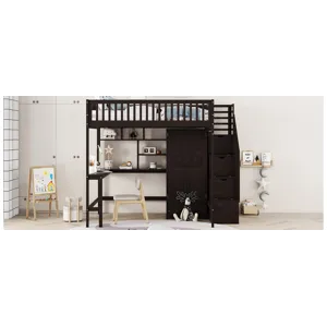 Full Size Loft Bed With Bookshelf, Drawers, Desk, And Wardrobe - Espresso