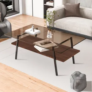 Rectangle Coffee Table, Tempered Glass Tabletop With Metal Legs, Modern Table For Living Room - Brow