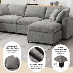 Modern Modular Cloud Sofa Bed, 6 Seat Chenille Sectional Couch Set With Ottoman, Free Combination, C