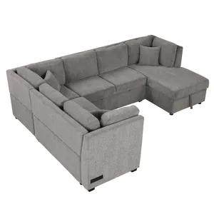 U-Shaped Sectional Sofa Pull Out Sofa Bed With Two USB Ports, Two Power Sockets, Three Back Pillows 