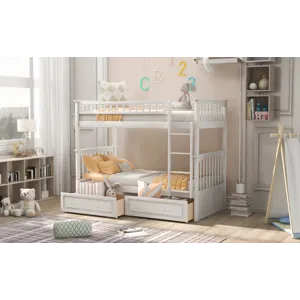 Twin Over Twin Bunk Bed With Drawers, Convertible Beds - White