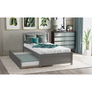 Twin Size Platform Bed Wood Bed Frame With Trundle - Gray