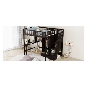 Full Size Loft Bed With Bookshelf, Drawers, Desk, And Wardrobe - Espresso