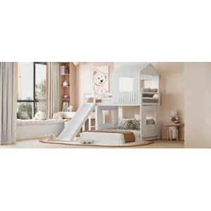 Wooden Twin Over Full Bunk Bed, Loft Bed With Playhouse, Farmhouse, Ladder, Slide And Guardrails - W