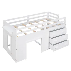 Twin Size Loft Bed With Cabinet And Shelf - White