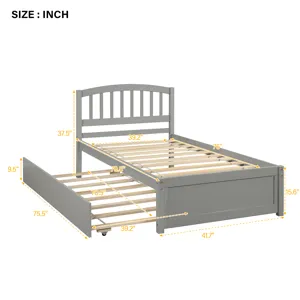 Twin Size Platform Bed Wood Bed Frame With Trundle - Gray