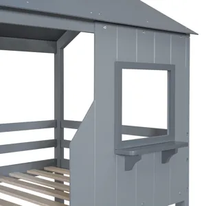 78\" Twin Over Twin Bunk Bed Wood Bed With Roof, Window, Guardrail, Ladder - Gray