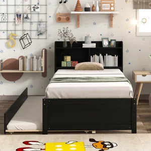 Twin Bed With Trundle, Bookcase - Espresso