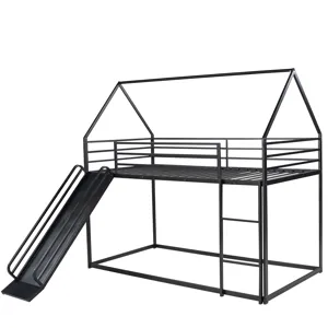 Twin Over Twin House Bunk Bed With Ladder And Slide - Black