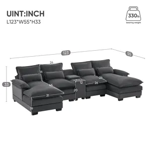Modern U Shaped Sofa With Console, Cupholders And USB Ports, 6 Seat Upholstered Symmetrical Indoor F