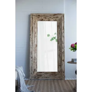 Full Length Rectangle Floor Mirror With Distressed Wood Frame - Brown