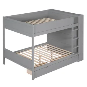 Full Over Full Bunk Bed With 2 Drawers And Multi - Layer Cabinet - Gray