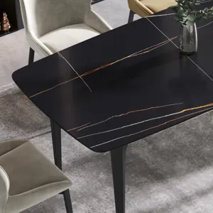 63\" Artificial Stone Black Curved Black Metal Leg Dining Table, 6 People - Black