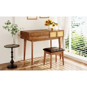 Classic Wood Makeup Vanity Set With Flip-Top Mirror And Stool, Dressing Table With Three Drawers And