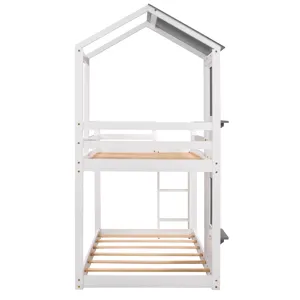 Twin Over Twin Bunk Bed Wood Bed & Roof, Window, Guardrail, Ladder - White