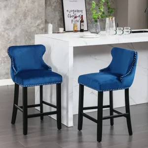 Contemporary Velvet Upholstered Wing-Back Barstools With Button Tufted Decoration And Wooden Legs, A